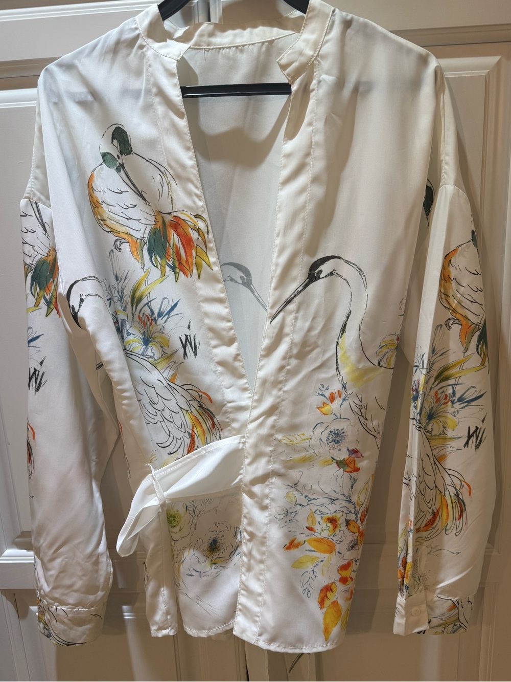 Cream Floral & Crane Print Wrap Blouse 8